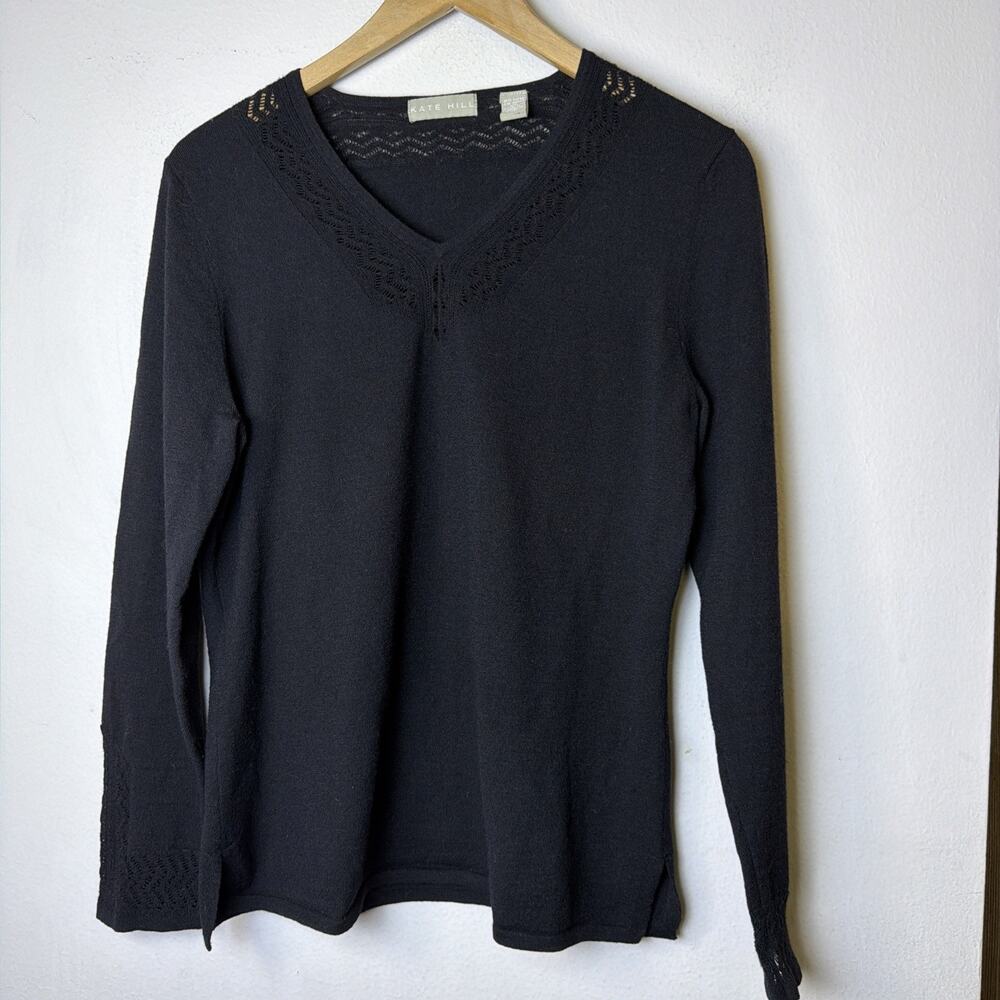 Kate Hill Casual Black V Neck sweater Women's XL Merino Wool Victorian classic